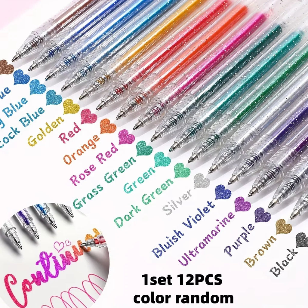 Set of 12 or 24 Glitter Pens, Liquid Sand Pens, Shimmer Gel Pens, and Aurora Glitter Pens—perfect for journaling and drawing