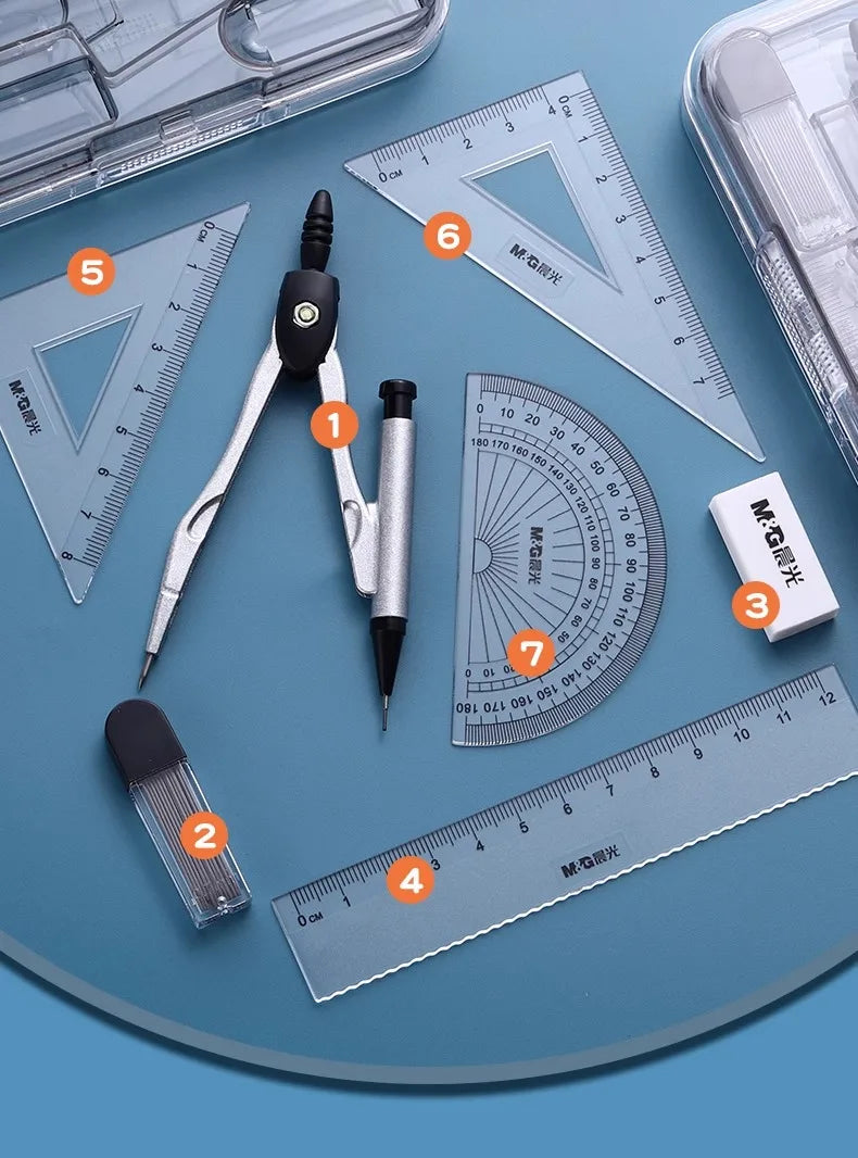M&G Stainless Steel Compass Set - Geometry Math Tools with Rubber Ruler Carpenter Student Cartography Drawing School Supplies
