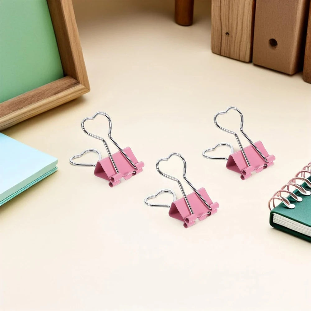 3Pcs Heart Pink Binder Clip Heart Shape Handle Metal Paper Clips  for Office School Home Supplies