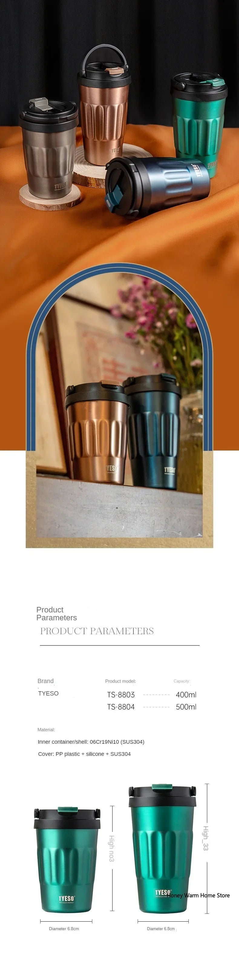 TYESO Vacuum Flasks Thermos Water Bottles 400ml/500ml Stainless Insulated Cup 304 Original Car Tumbler Cold and hot Coffee Mug