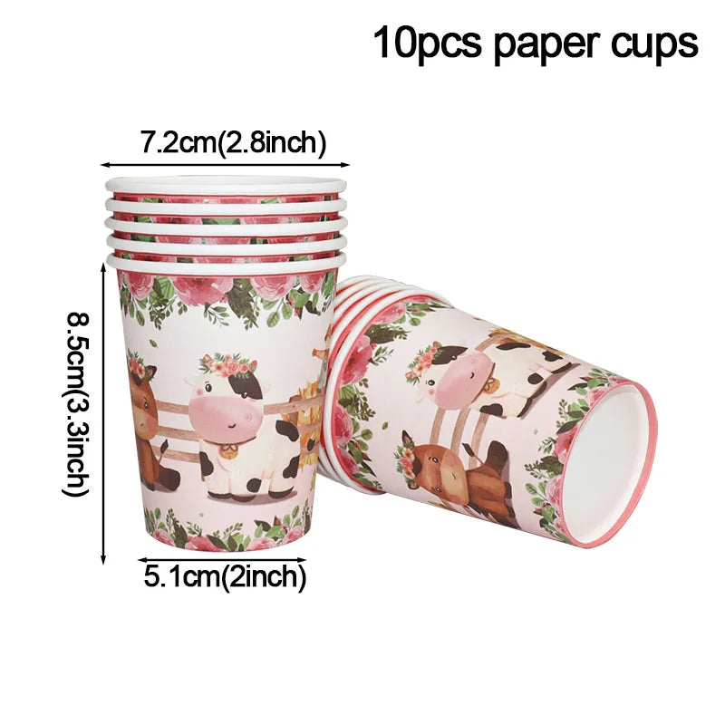 Pink Farm Animals Birthday Decor Disposable Tableware Set Paper Banner Floral Plates Baby Shower Girl Birthday Party Decorations