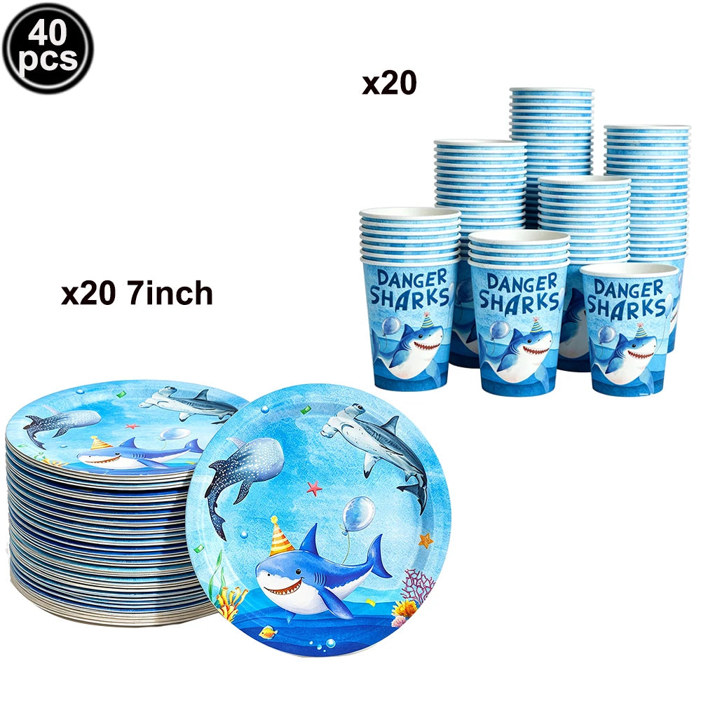 Ocean Shark Theme Disposable Tableware Cute Cartoon Marine Animal Plastic Tablecloth Kids Birthday Party Baby Shower Decor