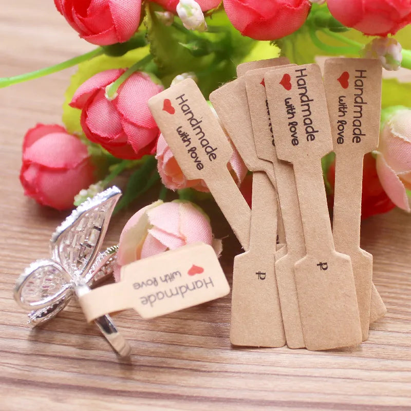 100PCS Multi Style Ring Folded Labels White/Kraft Handmade with Love Ring Price Labels Jewelry Tag Sticker Labels 6*1.2cm