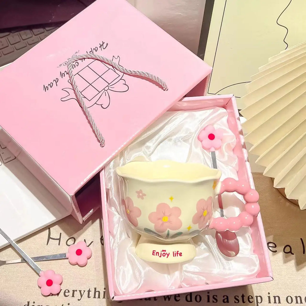 Girls Birthday Gift Souvenir Coffee Cup Mugs Coffee Cups Creative Flower Mug Household Ceramic Cup High Value Water Cup