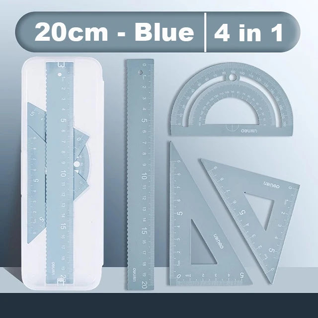 Deli 4Pcs Metal Ruler Set Multifunctional Straight Triangle Ruler Protractor Math Geometry Kit for School Kids Drawing Measuring