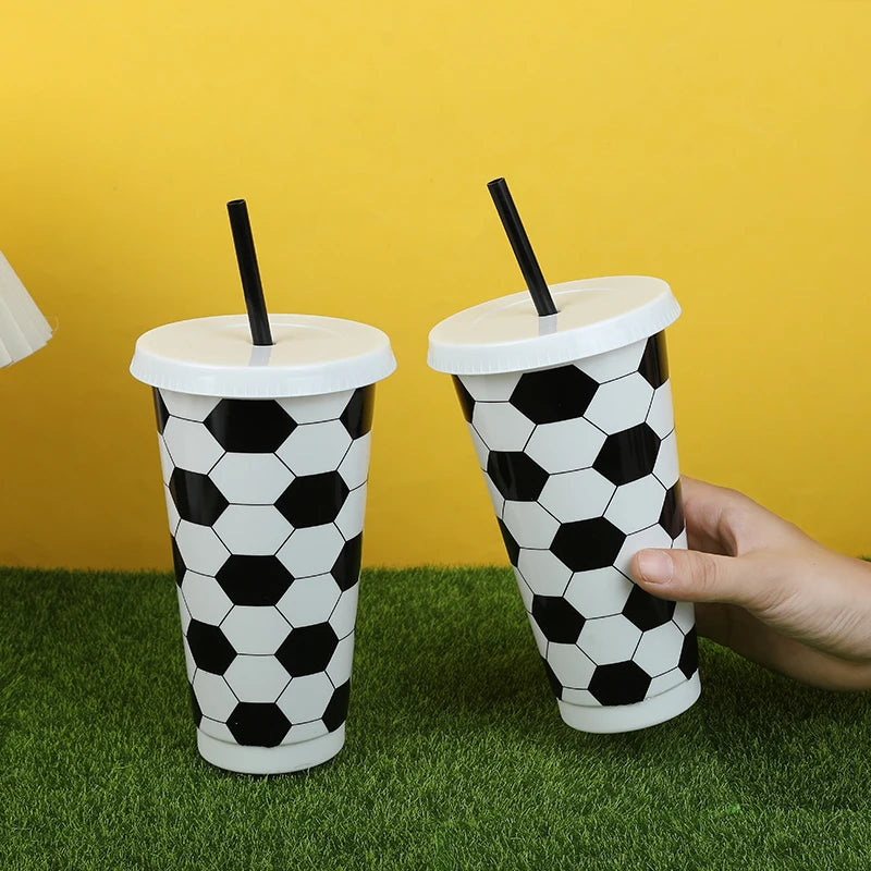 6/12pcs Reusable Plastic Soccer Cups with Lid Straws Kids Football Party Favors Sports Themed Birthday Decoration Supplies Gifts