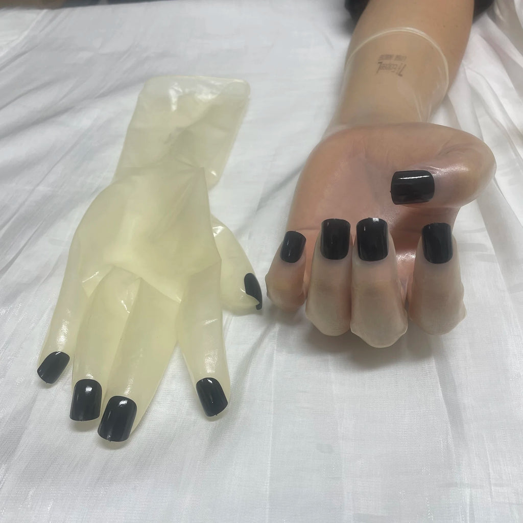 A pair of Malaysian latex material supper thin transparent shiny shiny male to female latex medium long gloves with nail service