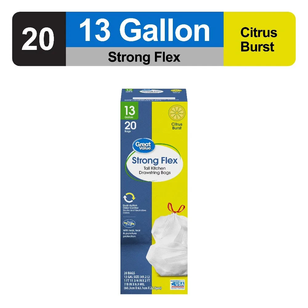 13 Gallon Tall Kitchen Trash Bags Drawstring Citrus Scented 20 Count Strong and Flexible
