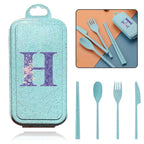 4Pcs Wheat Straw Cutlery Knife Spoon Fork Chopsticks Portable Set Plastic Detachable Dinnerware Purple Flower Letter Pattern