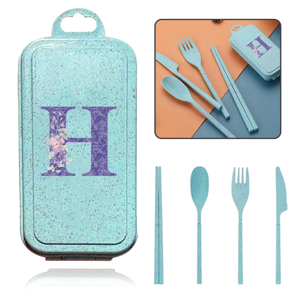 4Pcs Wheat Straw Cutlery Knife Spoon Fork Chopsticks Portable Set Plastic Detachable Dinnerware Purple Flower Letter Pattern