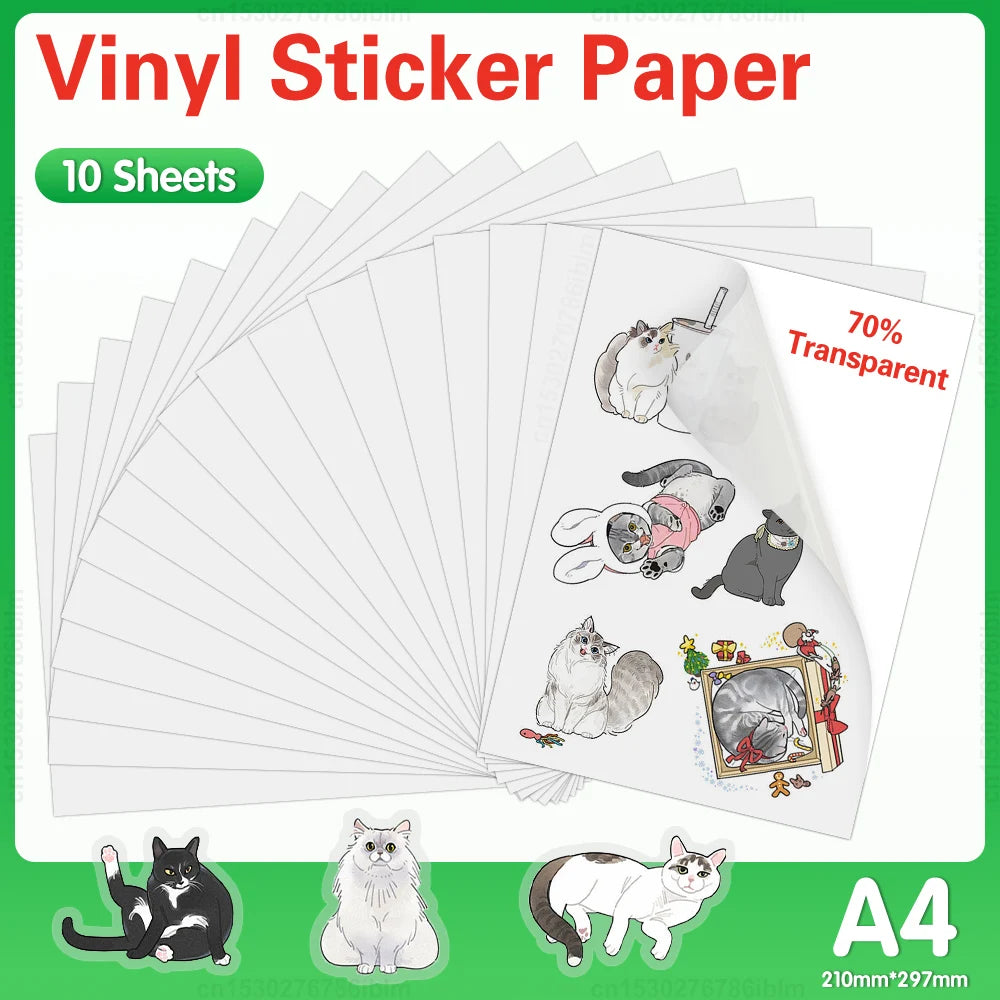10 Sheets Printable Vinyl Sticker Paper Self-adhesive A4 Copy Paper DIY Holographic Transparent White Labels for Inkjet Printer