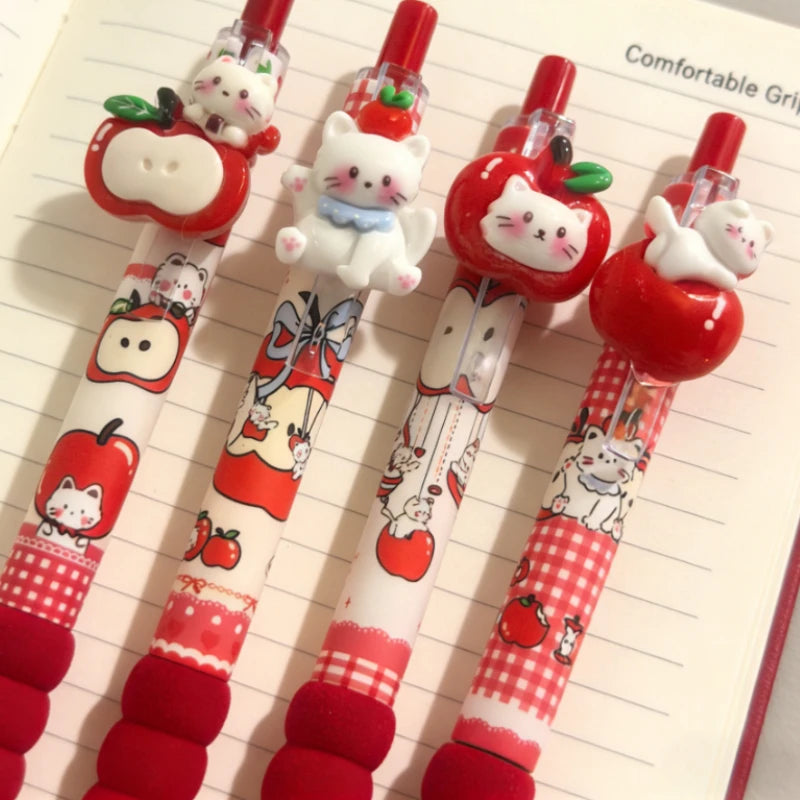 4Pcs Kawaii Apple Cat Gel Pen 0.5mm Black Ink Gel Pens Soft Grip Student Writing Pen Cute Stationery School Office Supplies