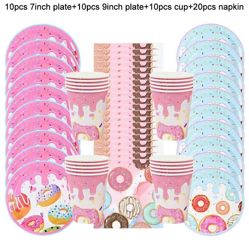 1Set Donut Party Decoration Disposable Tableware Plate Cup Napkins Candy Gift Bags Kids Baby Girl 1st Birthday Party Supplies