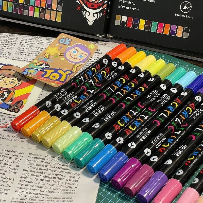 Professional Art Use 24-120Colors Acrylic Paint Markers, Dual-Tip Fine and Brush Tip Pens, Suitable for Stone, Wood, Calligraphy