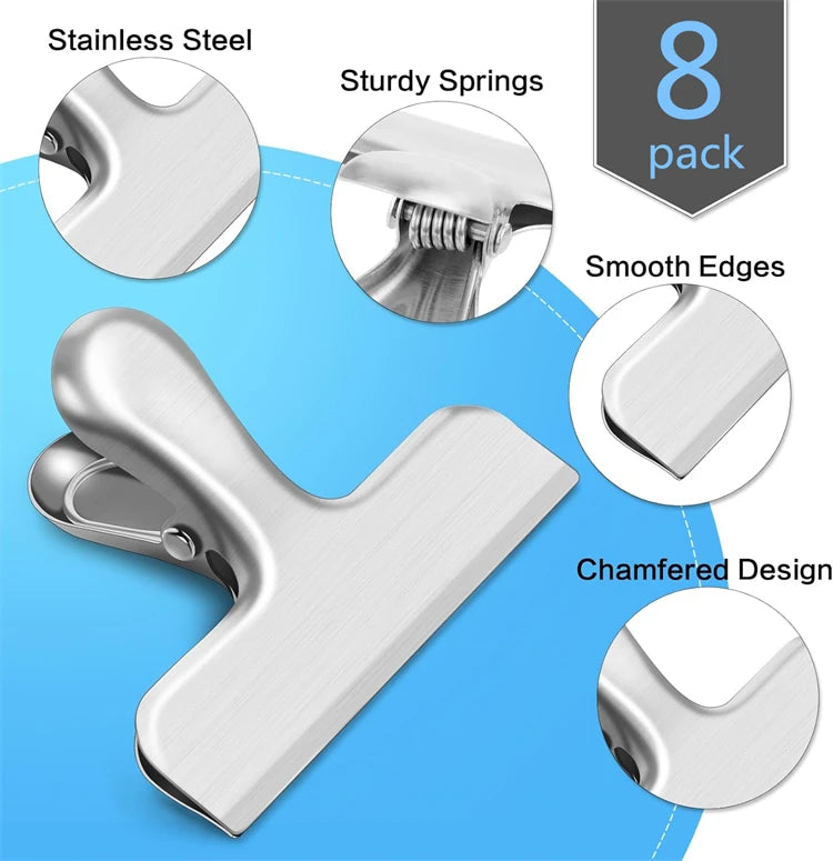 8Pcs Bag Clips 4 Size Stainless Steel Chip Bag Clips Heavy Duty Air Tight Seal Grip Coffee Food Bag Clamps Snack Clips