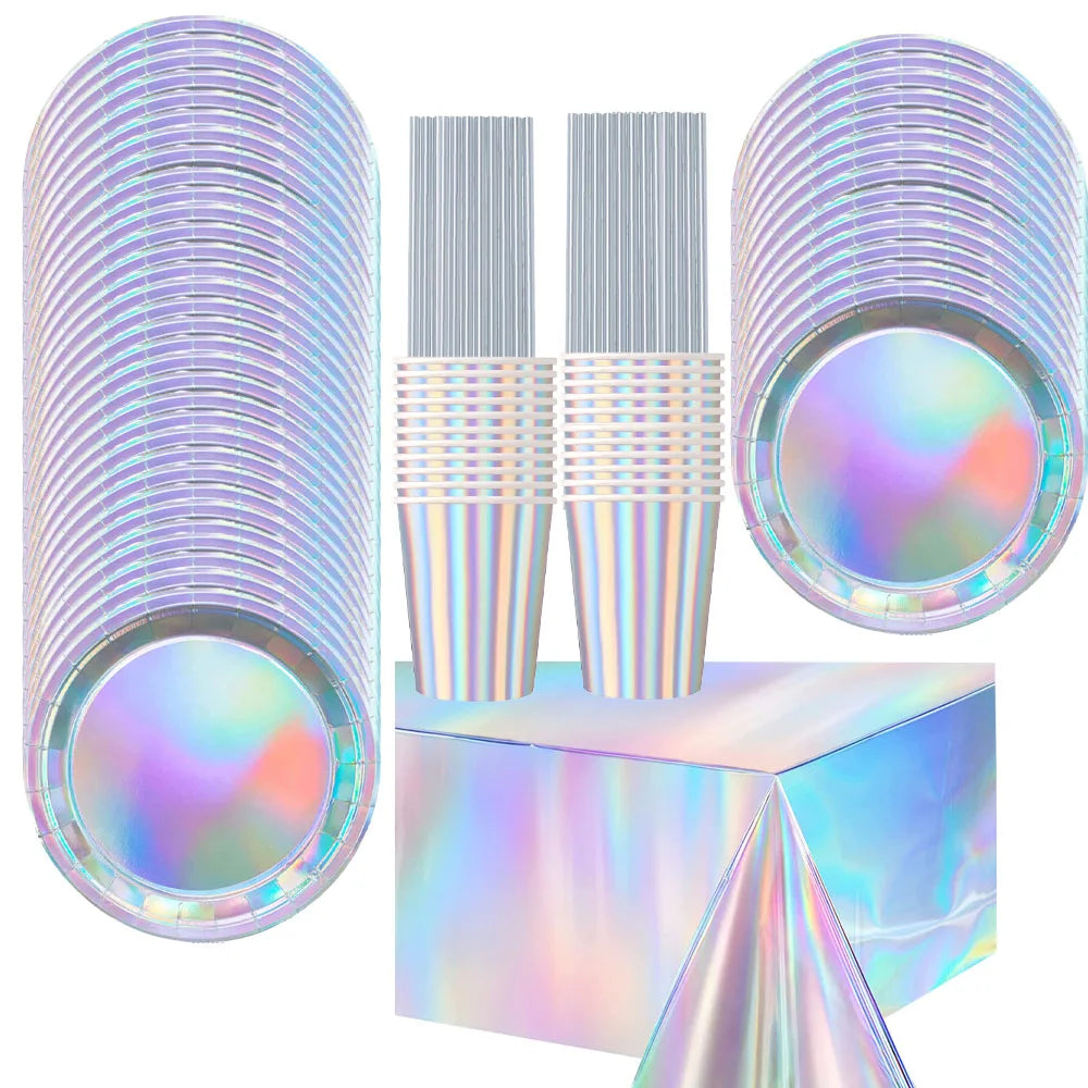 Iridescent Silver Holographic Party Tableware Set Disposable Paper Plates Cups Tablecloth for Birthday Wedding Y2K Disco Decor