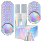 Iridescent Silver Holographic Party Tableware Set Disposable Paper Plates Cups Tablecloth for Birthday Wedding Y2K Disco Decor