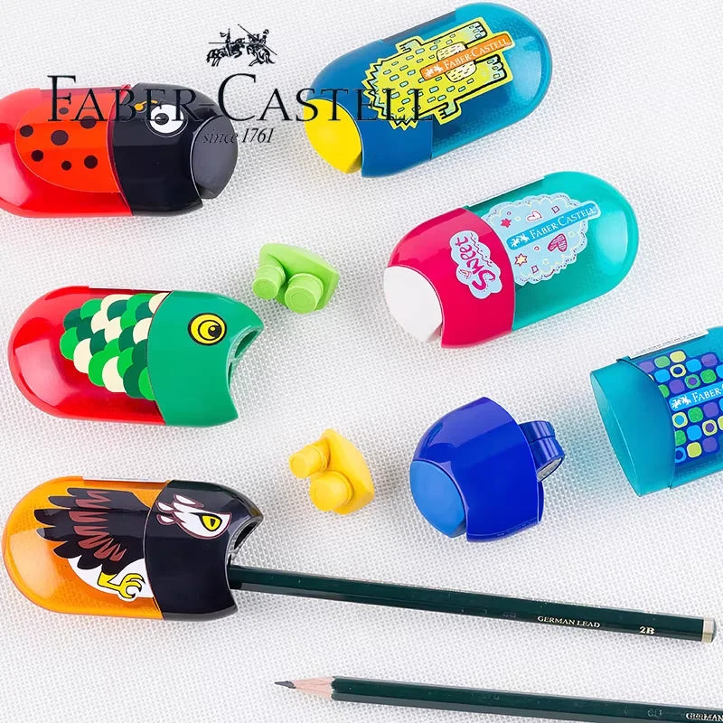 1Pc Faber Castell Double Hole Pencil Sharpener with Eraser Ladybug / Fish / Eagle Cute Stationery Back To School