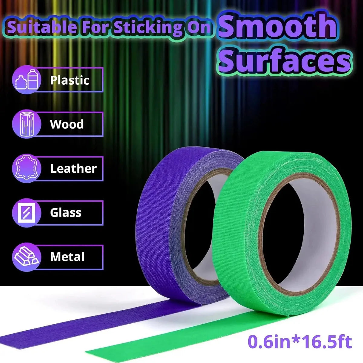Whaline 6 Colors Neon Gaffer Cloth Tape Set Fluorescent Rainbow UV Blacklight Tape for UV Parties And Events