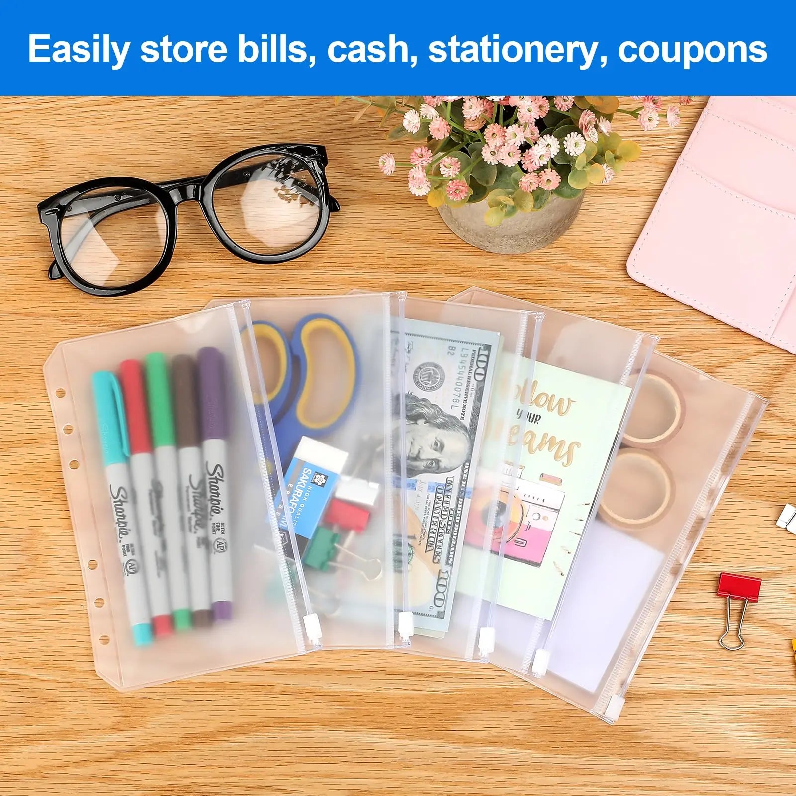 10PCS A6 Binder Pockets 6 Holes Cash Envelopes for Budgeting, Clear Zipper Folders for 6-Ring Binder, Waterproof PVC  Organizer
