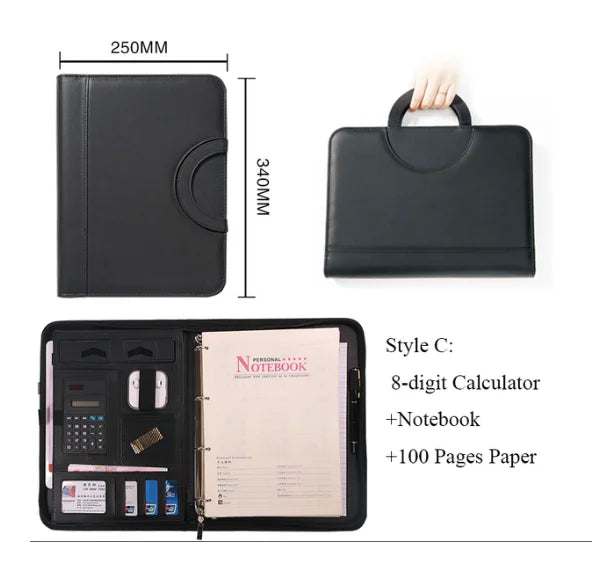 A4 Portable File Folder with Calculator Binder Organizer Manager Office Document Pad Briefcase PU Leather Padfolio Bag Customize