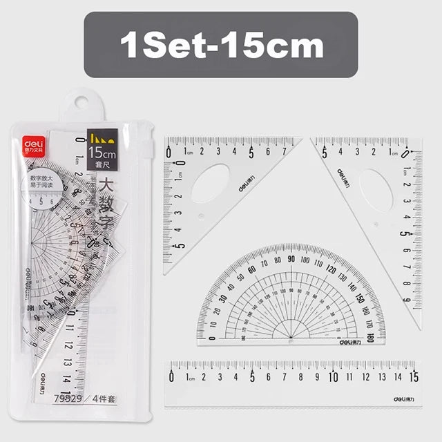 Deli 4Pcs Student Ruler Set Transparent Plastic Straight Ruler Triangle Protractor for Kids School Office Home Supplies