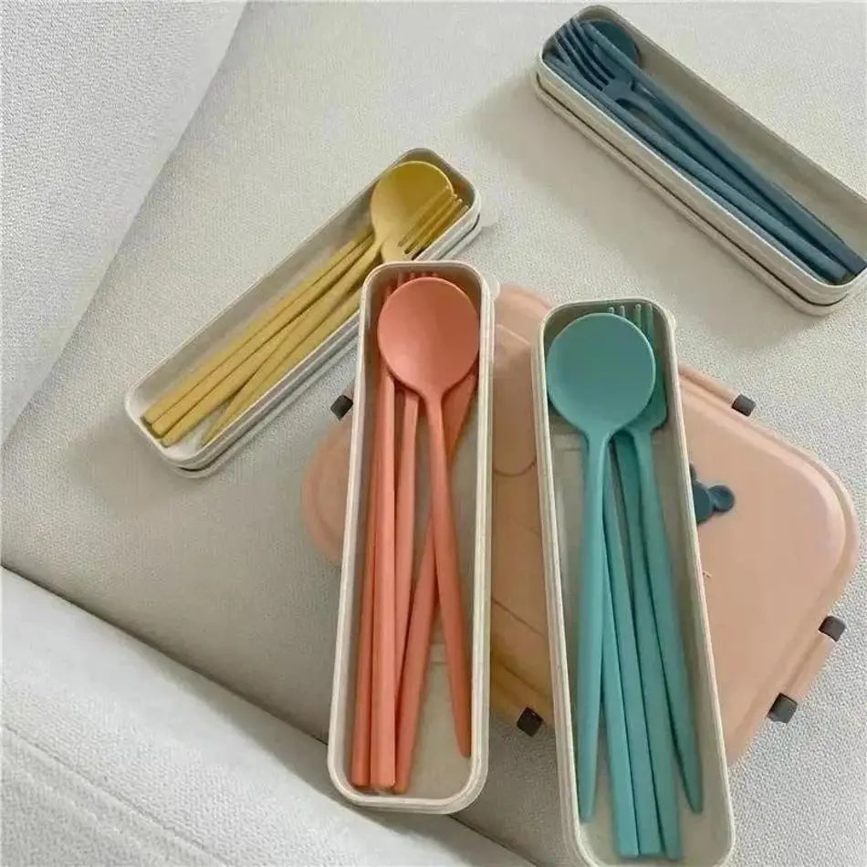 4 Pcs/Set Cutlery Wheat Straw Spoon Fork Chopsticks Box Tableware Portable Dinnerware Accessories Household Fashion Tableware