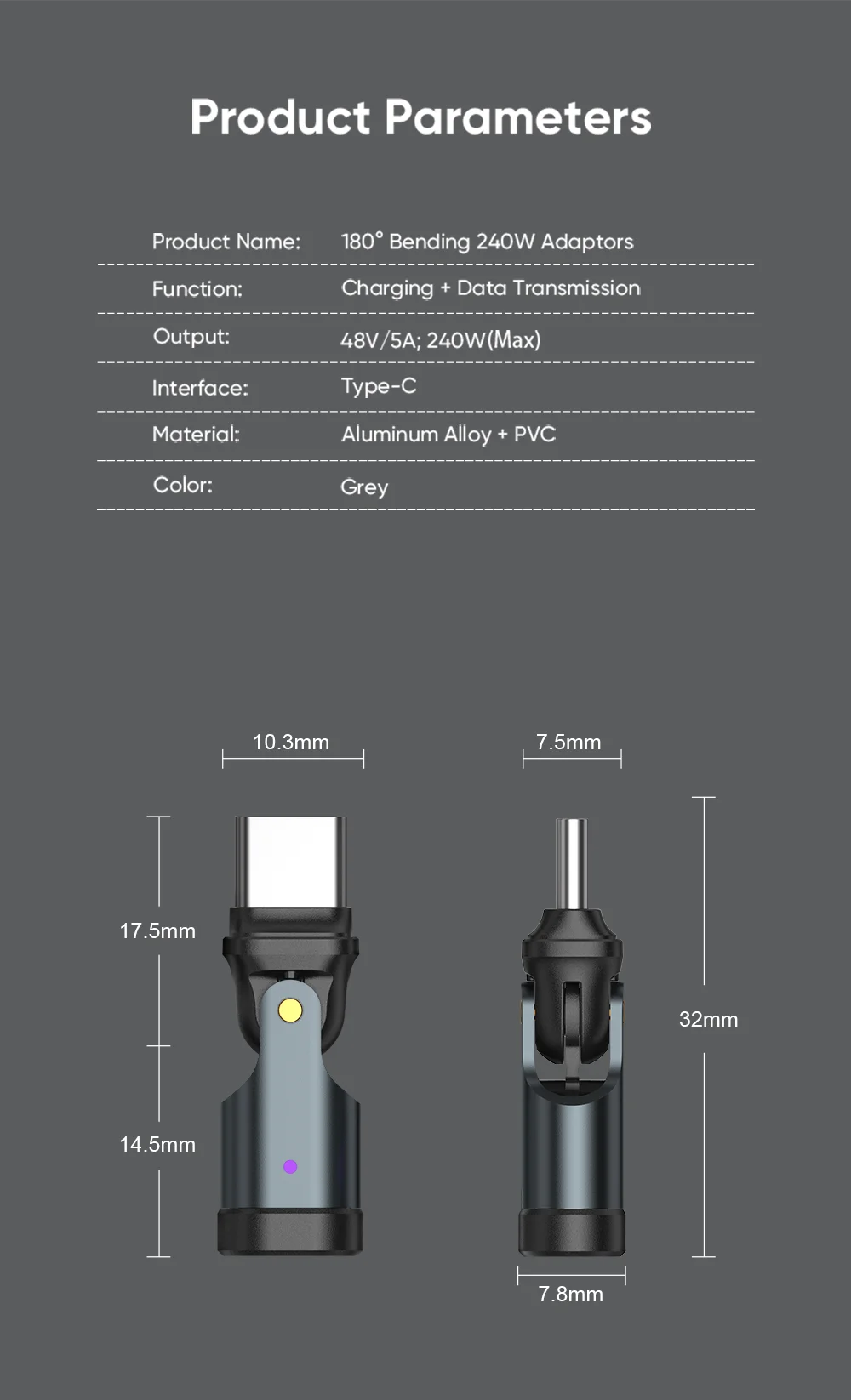 NNBILI 180 Rotation PD240W USB3.1 USBC to Type C OTG Adapter 5A Fast Charge Cable Converter for iPhone 16 MacBook Samsung Xiaomi