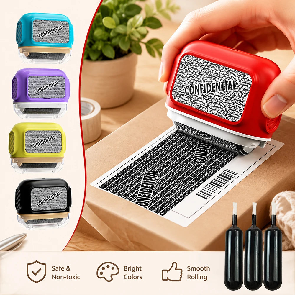 A005 Large Roller Privacy Stamp, Identity Theft Protection & Confidentiality Guard, with 3 Refill Inks