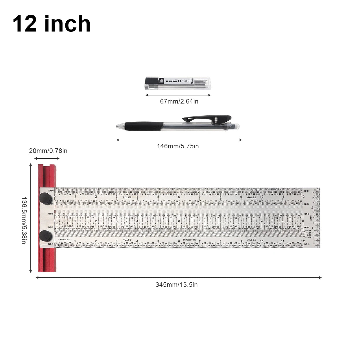 6/12 Inch Line Ruler Precision Marking 1/ 64" T Rule Woodworking Tools Stainless Steel Positioning Scribe Gauge with Marking Pen