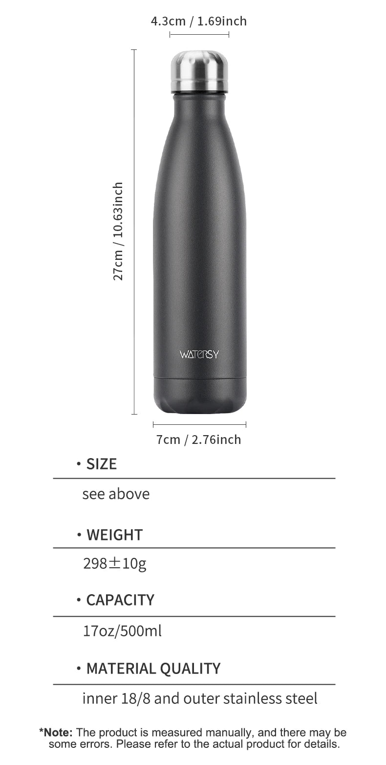 WATERSY 500ml Stainless Steel Water Bottle Insulated Vacuum Flask Double Wall Thermal Cup Keep Cold Hot Sports Kettle