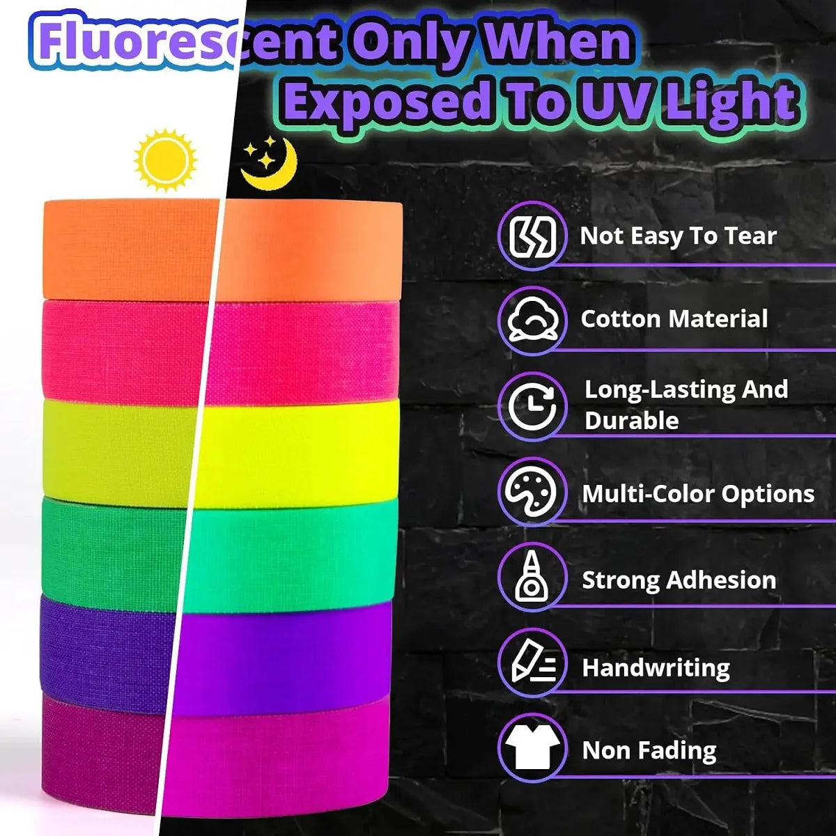 Whaline 6 Colors Neon Gaffer Cloth Tape Set Fluorescent Rainbow UV Blacklight Tape for UV Parties And Events