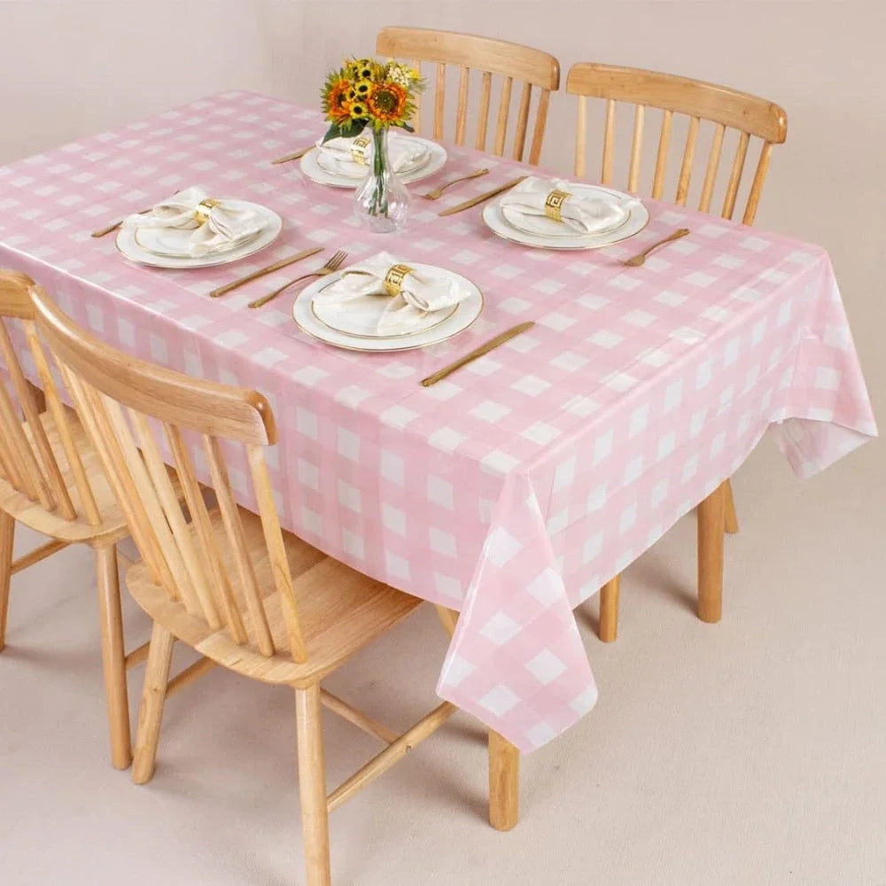 Retro Pink Gingham Tablecloth 54"x108"| Heavy-Duty Waterproof Plastic for Picnics&Coffee Shop Decor |  Party Backdrop