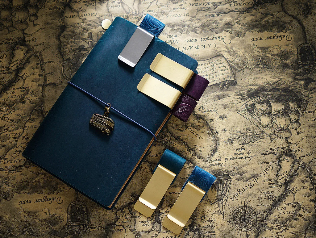 Brass Leather Pen Clip Stainless Steel Cowhide for Traveler's Notebook - Genunine Leather & Metal Notebook Accessory