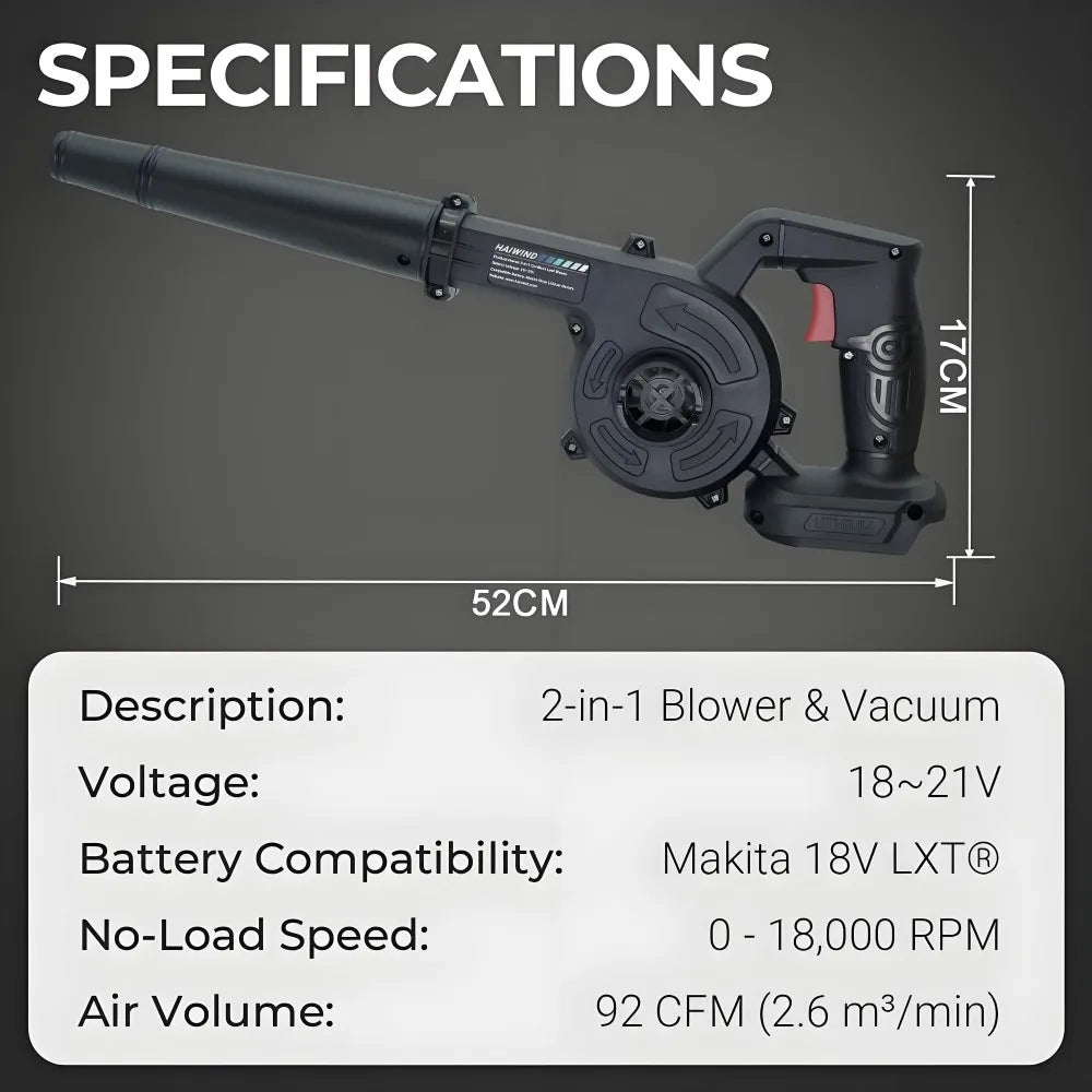 Cordless 2 in 1 Air Blower & Vacuum Cleaner, Leaf Dust Collector for Car, Computer, Garden, Compatible with Makita 18V/21V
