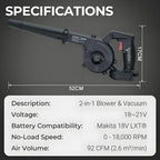 Cordless 2 in 1 Air Blower & Vacuum Cleaner, Leaf Dust Collector for Car, Computer, Garden, Compatible with Makita 18V/21V