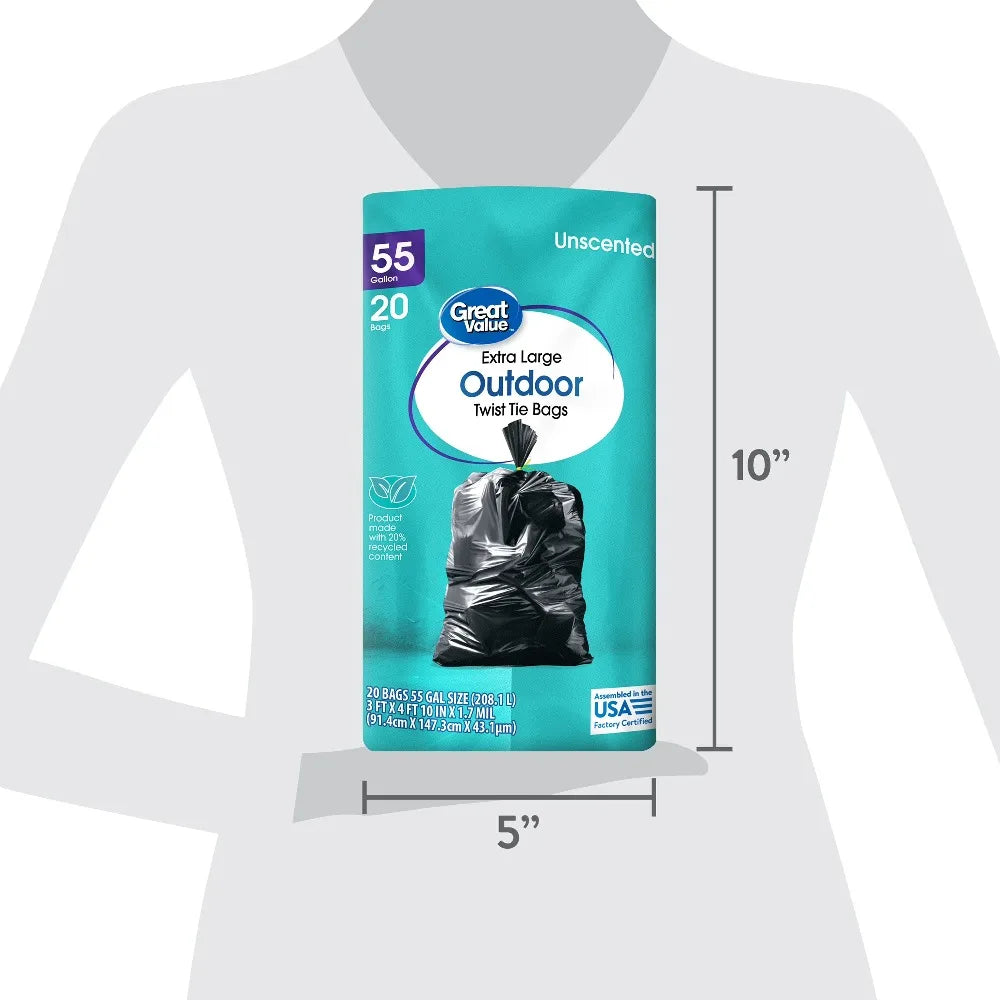 55-Gallon Extra Large Outdoor Twist Tie Trash Bags, Unscented, 20 Bags