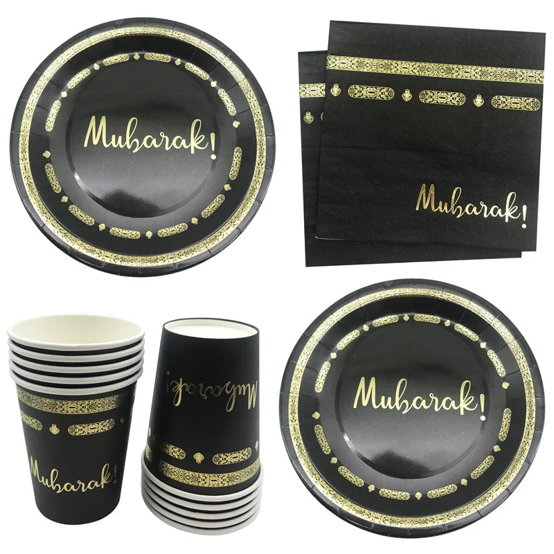 Black Gold Hajj Mubarak Disposable Paper Plates Cups Napkins Banner Balloons Home 2026 Eid Mubarak Islamic Muslim Party Supplies