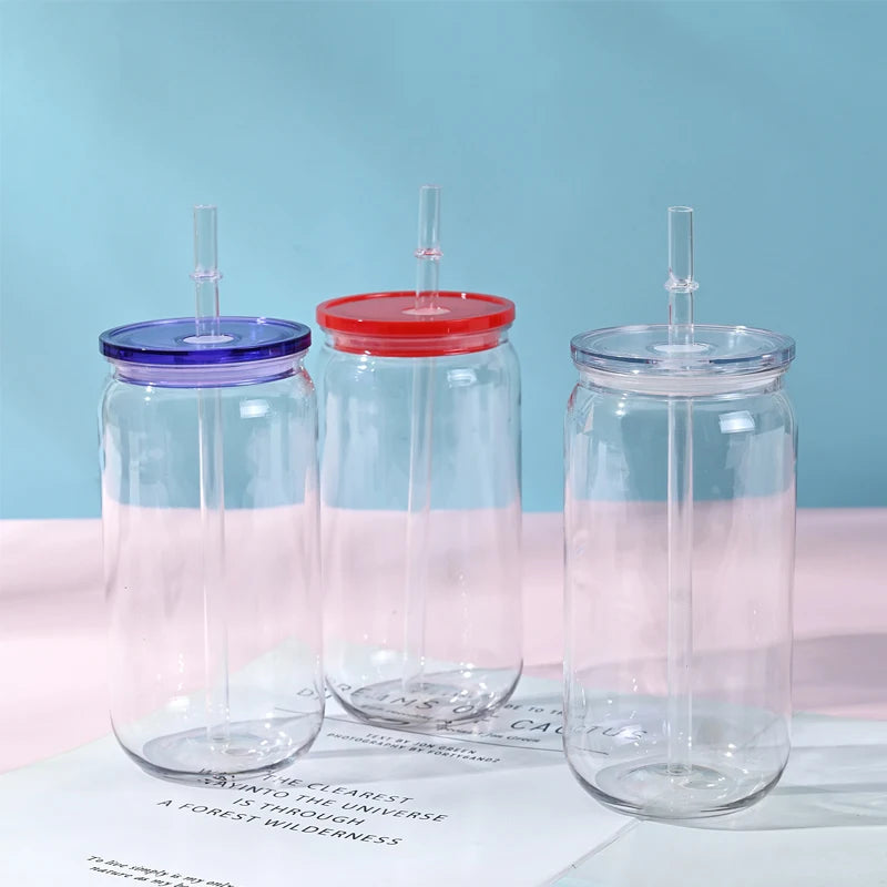 16oz Colorful Lid Transpare Plastic Cup with Lids And Straws Replacement Lids for Can Shaped  Iced Coffee Cups Cute Tumbler Cup