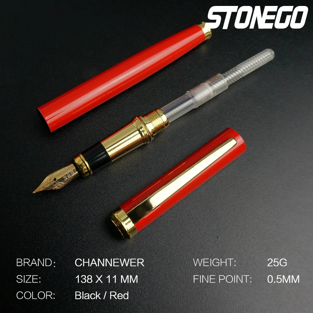 STONEGO 0.38mm Extra Fine Nib Fountain Pen, Black Metal Calligraphy Writing Gift Pen