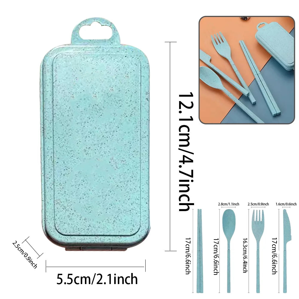 4Pcs Wheat Straw Cutlery Knife Spoon Fork Chopsticks Portable Set Plastic Detachable Dinnerware Purple Flower Letter Pattern