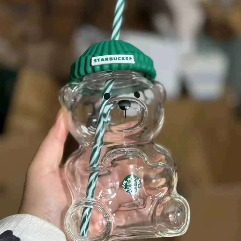 Starbucks Bearista Bear Clear Glass Tumbler 591ml 20oz Green Lid With Straw Cold Water Iced Coffee Home Café Gift