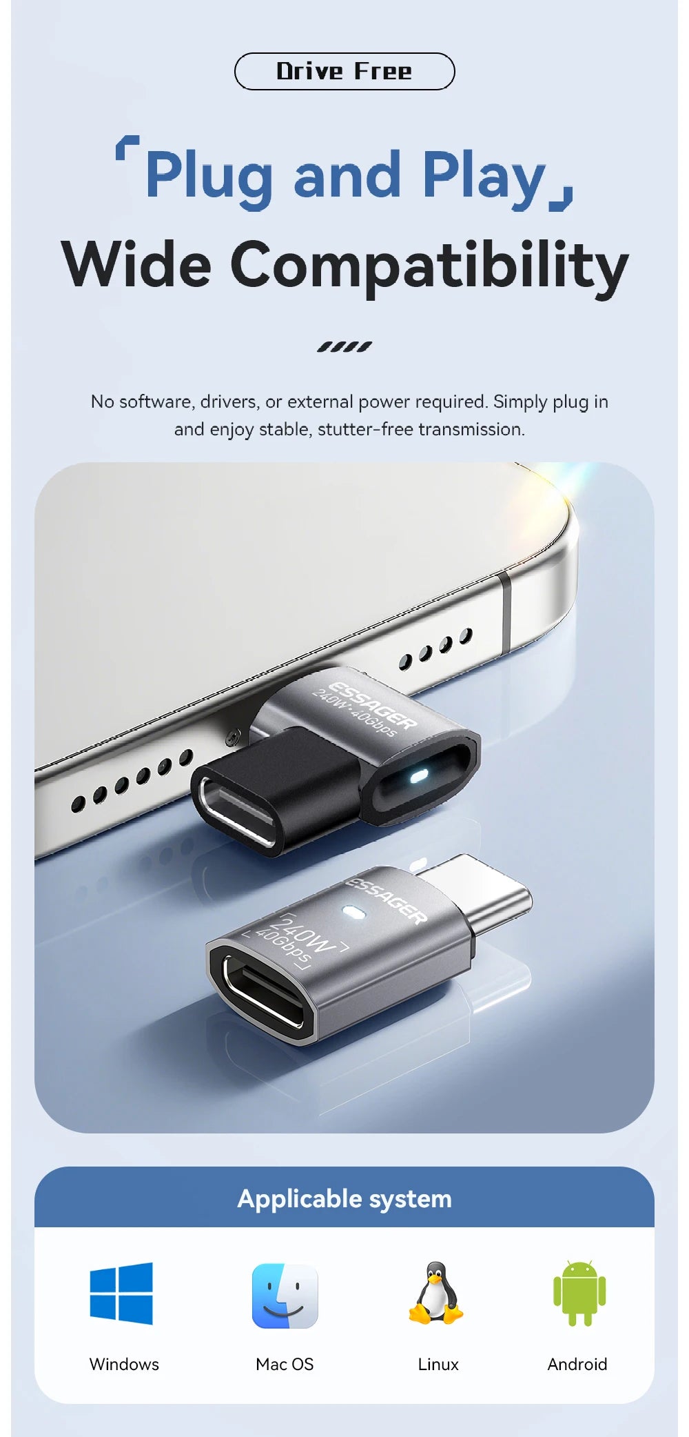 Essager USB4.0 40Gbps OTG Converter 240W Power Delivery Right Angle USB C Data Transfer Adapter For Phone Macbook Tablet 8K60Hz
