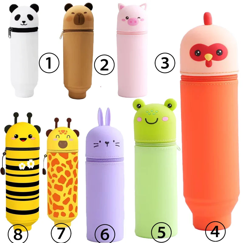 1PCS Kawaii Animals Silicone Telescoping Pencil Case Student Large Capacity Stationery Bag Giraffe/ Bee/Panda Learn Stationery