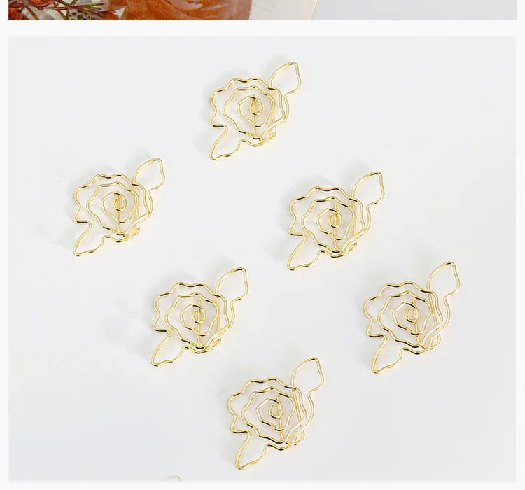 10pcs Gold Rose Flower Paper Clip Wholesale Metal Diy Flower Planner Stationery Supplies Bookmark Gift Shaped Paper Clips