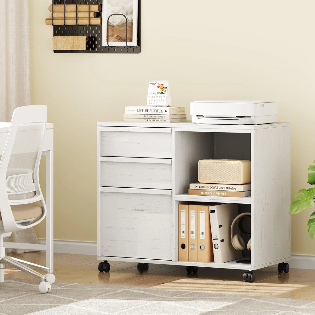 3 Drawer File Cabinet with Open Shelves, Rolling Lateral Filing Cabinet for Letter/A4, Mobile Wood Printer Stand on Wheels, Home Office Storage Organizer