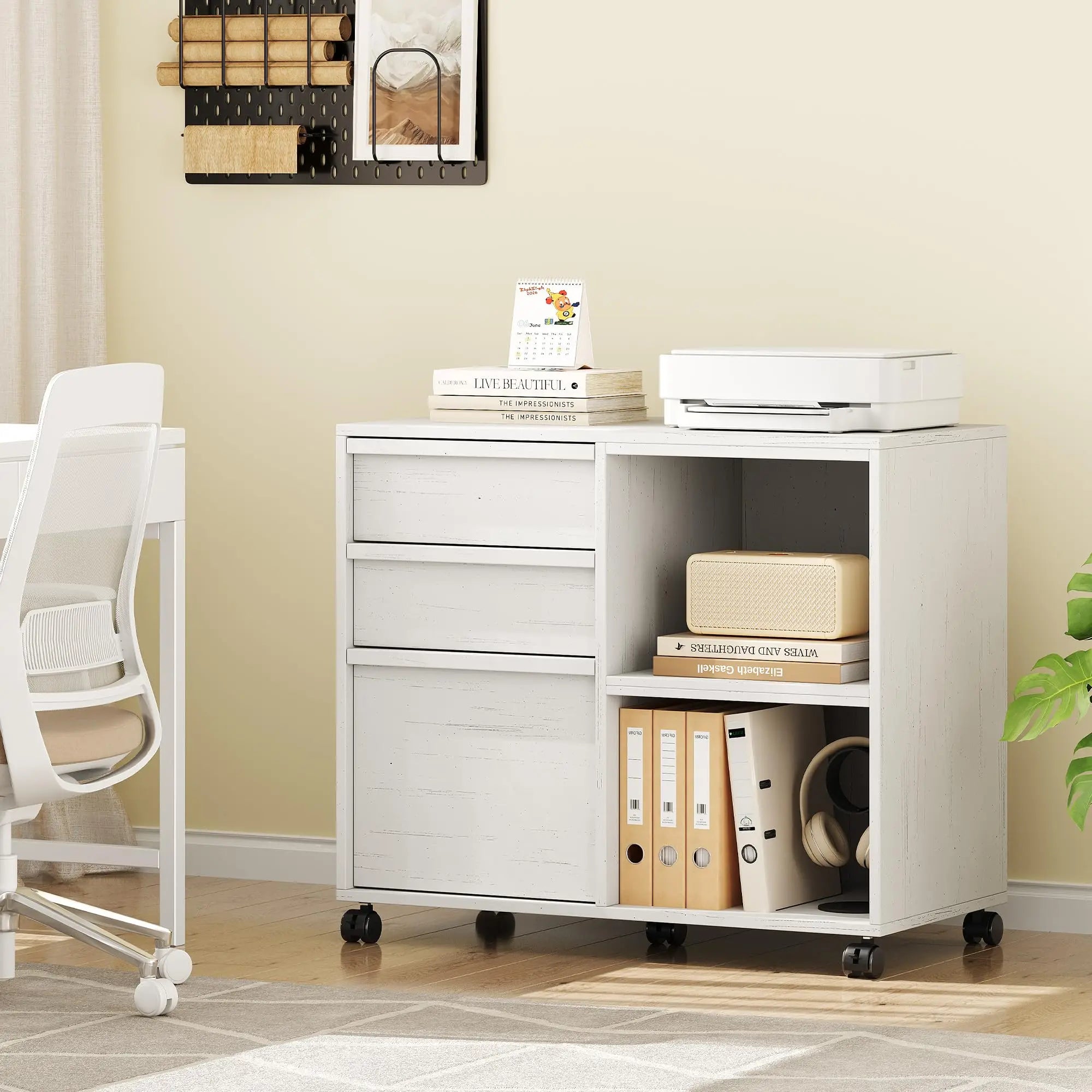 3 Drawer File Cabinet with Open Shelves, Rolling Lateral Filing Cabinet for Letter/A4, Mobile Wood Printer Stand on Wheels, Home Office Storage Organizer