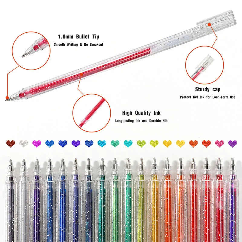 Set of 12 or 24 Glitter Pens, Liquid Sand Pens, Shimmer Gel Pens, and Aurora Glitter Pens—perfect for journaling and drawing