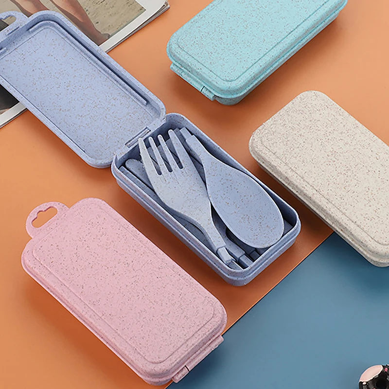 Portable Wheat Straw Fork Cutlery Set Foldable Folding Chopsticks Cutlery Set With Box Travel Kitchen Accessories