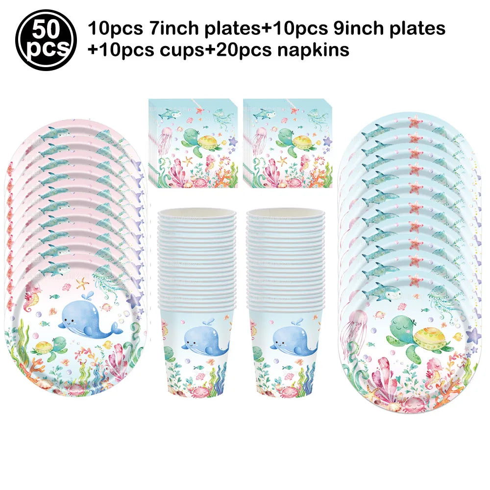 Ocean Animals Theme Disposable Tableware Plates Napkins Cup Paper Straws Whale Turtle Balloon Under The Sea Birthday Party Decor